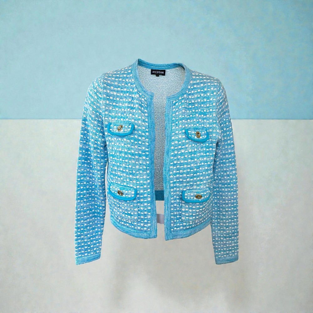 Lilly Pulitzer NWOT Kienna Woven Knit Cardigan Cumulus Blue Metallic XSmall - Picture 2 of 16